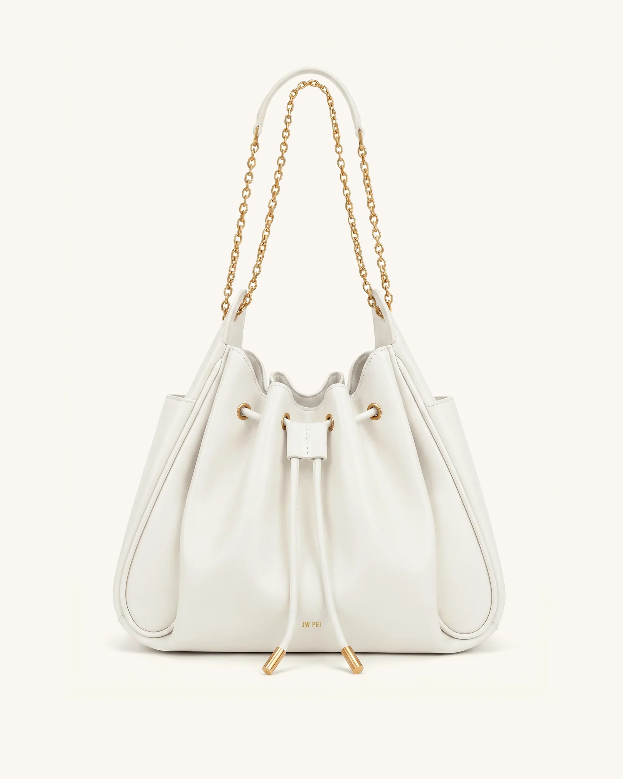 Rowan Ruched Drawstring Chain Bucket Bag - Ivory | JW PEI US