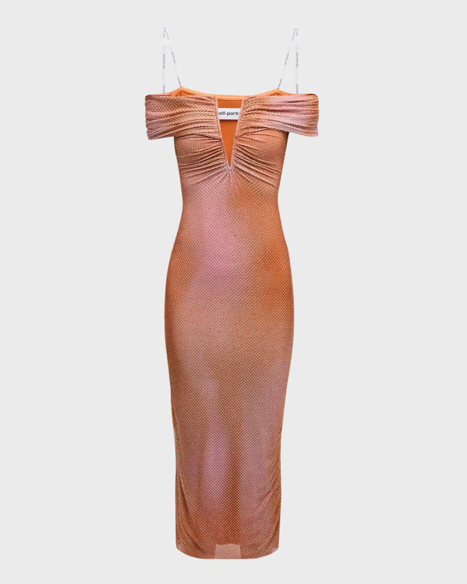Self-Portrait Rhinestone-Embellished Off-Shoulder Midi Dress | Neiman Marcus