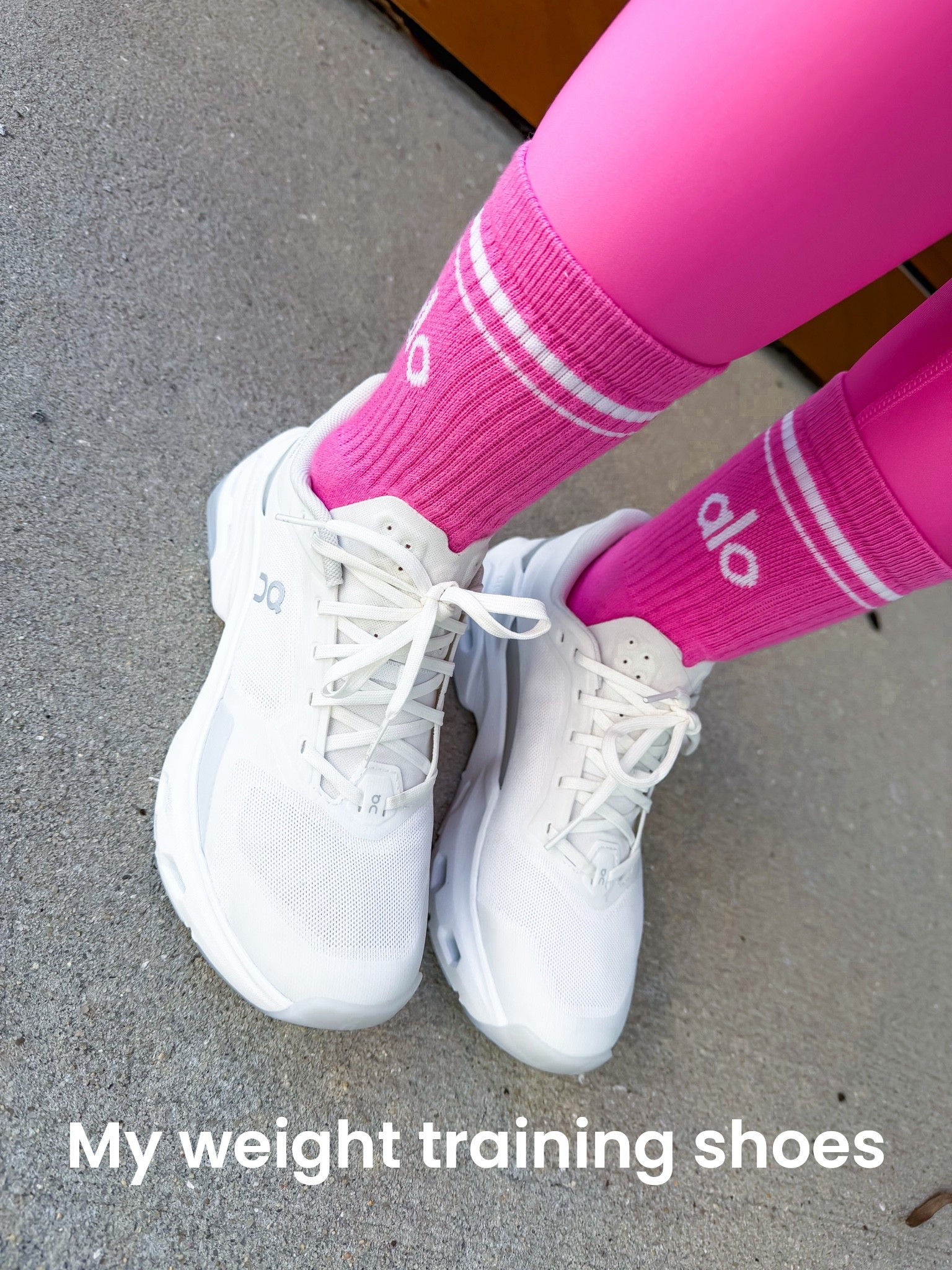 Leg day outfit! Alo yoga airlift leggings 7/8 length in XXS. Sports bra in XXS with adjustable straps. ON Cloudpulse cross training sneakers - great for lifting weights/cardio/walking too. Matching workout set. Yoga little. Barre outfit.

#LTKfitnessgoals #LTKActive #LTKTravel