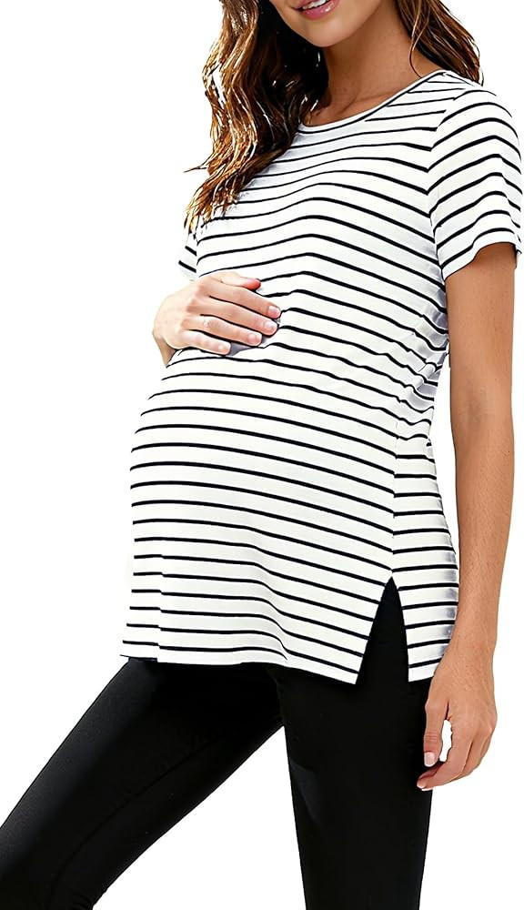 Women's Maternity Shirts Short Sleeve Split Hem Pregnancy Tops Clothes | Amazon (US)