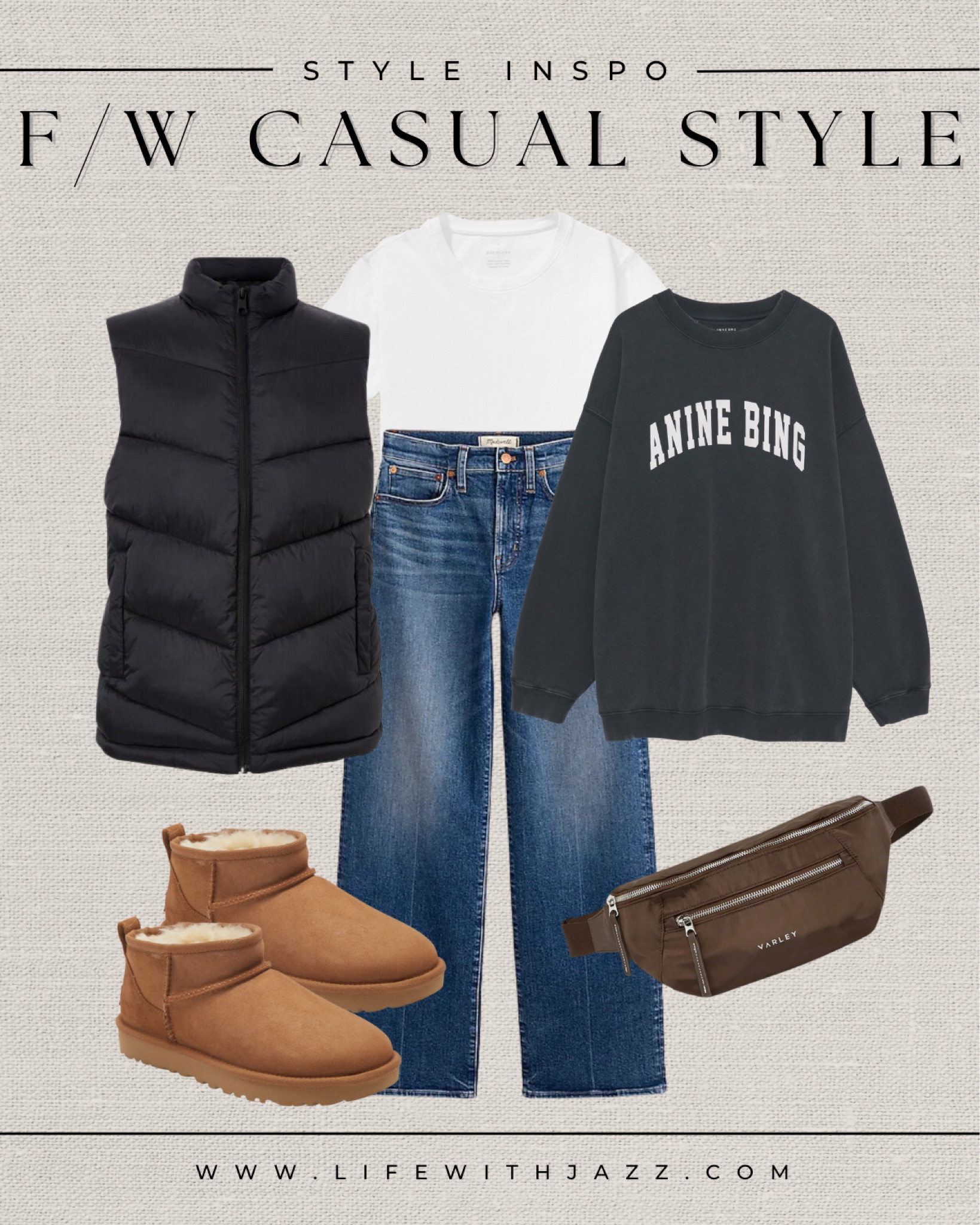 Style inspo: f/w casual style 

Puffer vest / white tee / gray sweatshirt / dark blue wide leg jeans / mini uggs / belt bag / athleta / Madewell / anine bing / varley 

#LTKStyleTip #LTKSeasonal