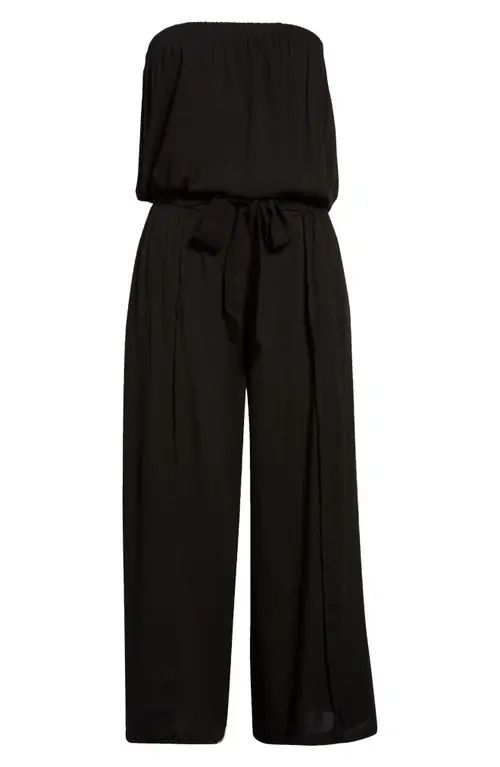 Becca Ponza Smocked Strapless Crop Blouson Jumpsuit in Black at Nordstrom, Size X-Large | Nordstrom