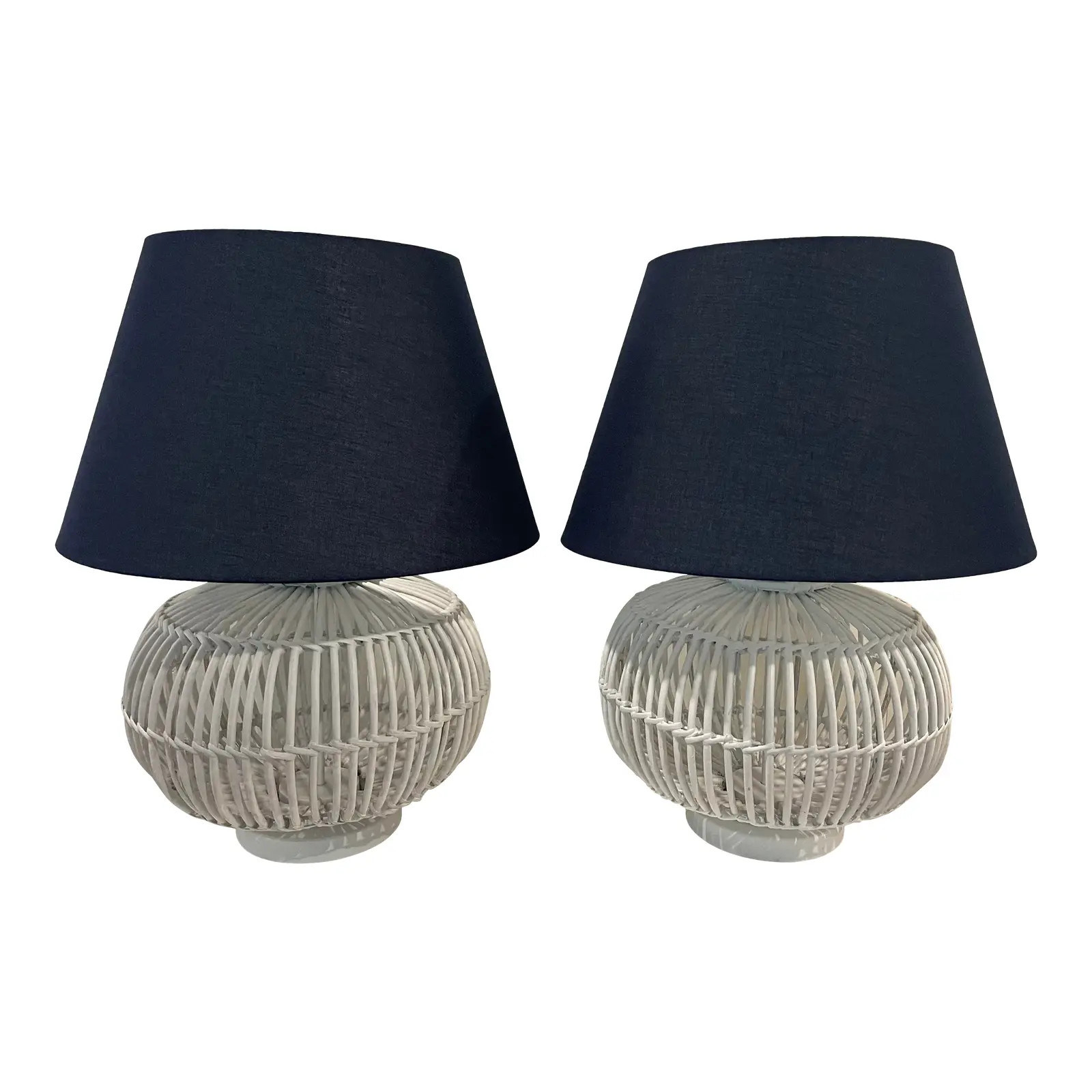 Lauren Ralph Lauren White Rattan Table Lamps With Navy Shades - a Pair | Chairish