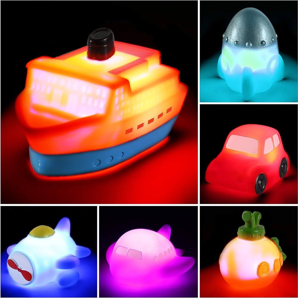 6 Packs No Hole Boat Bath Toy Set, Light up Changing Color in Water, Floating Rubber Bathtub Toys... | Amazon (US)