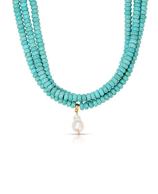 Triple Strand Turquoise Statement Necklace with Cultivated Pearl Dangle | Macy's