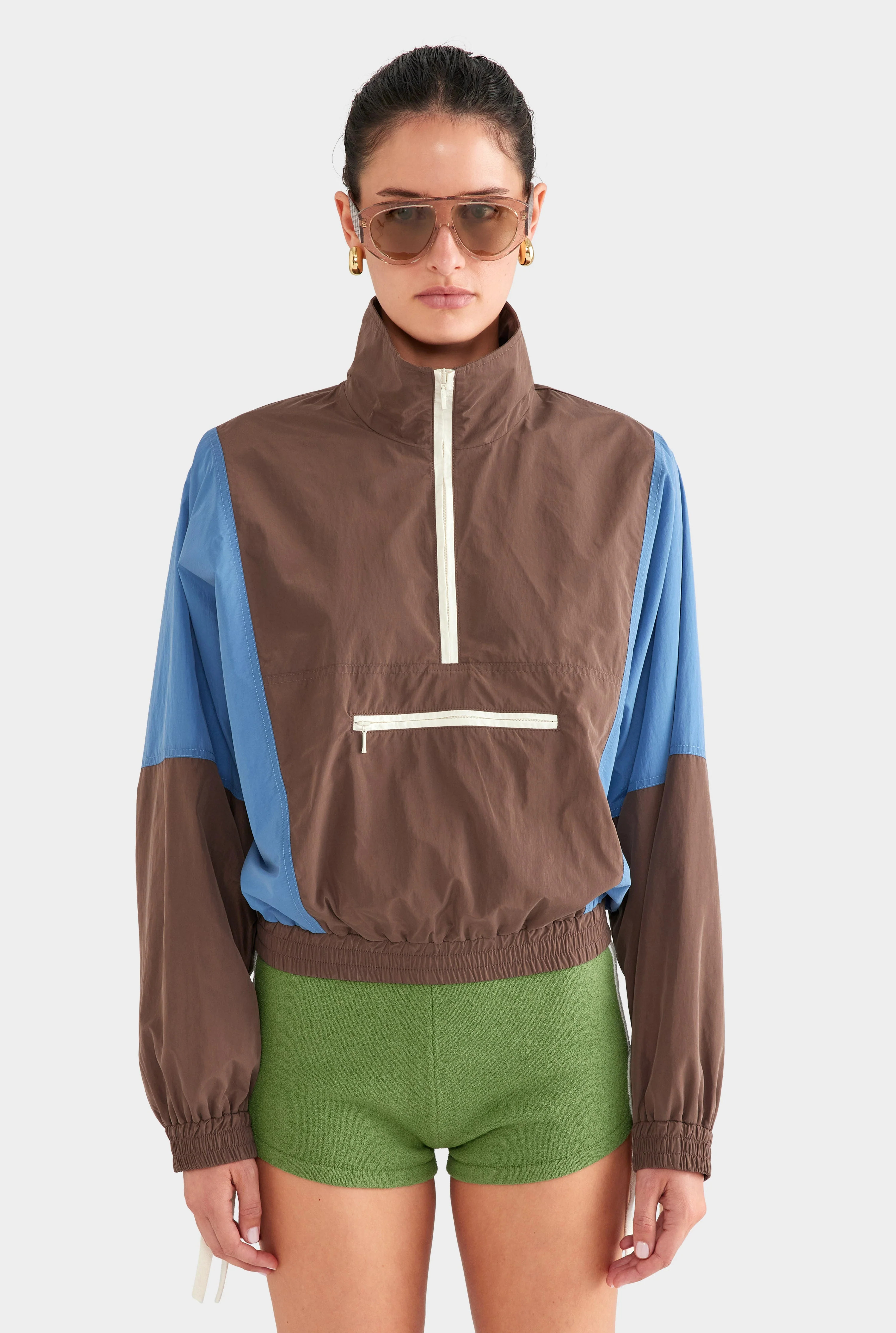 Cropped Nylon Windbreaker Brown/Bright Blue | Venroy | Venroy AU