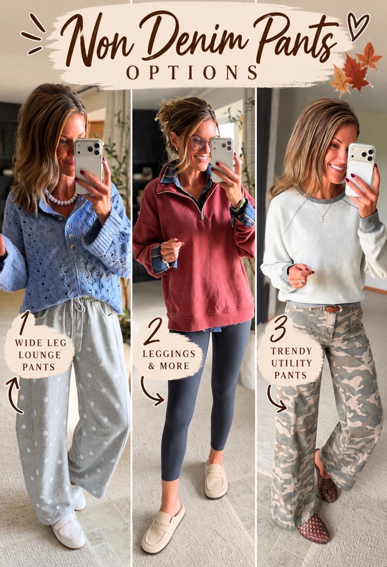Non Denim pant options for Fall
Wearing medium in blue sweater and red pullover. Small in sweatshirt. 
Medium in pants.