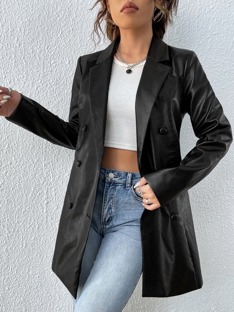 SHEIN Double Breasted Lapel Neck PU Leather Coat | SHEIN