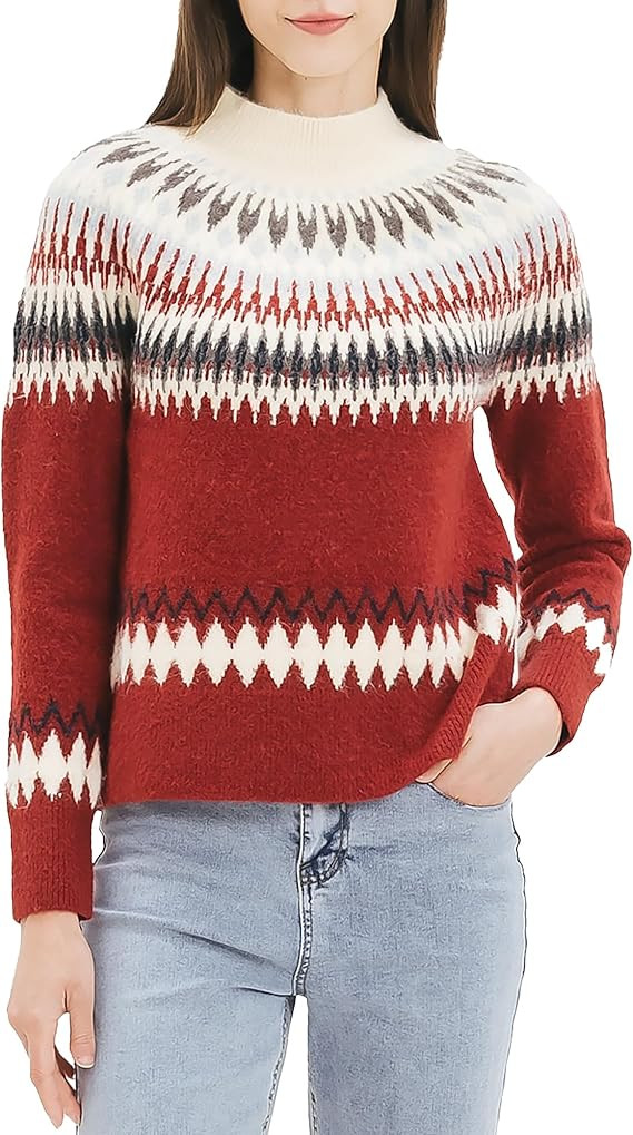 Cable Stitch Women's Long Sleeve Nordic Fair Isle Turtleneck Pullover Sweater Top | Amazon (US)