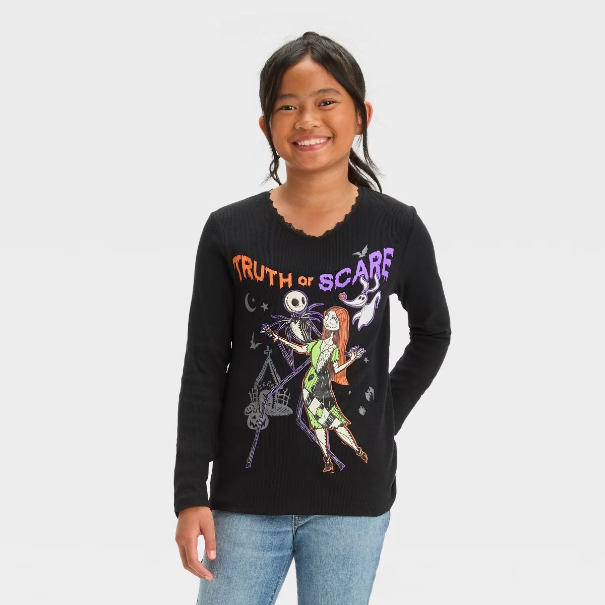 Girls' The Nightmare Before Christmas Truth or Scare Long Sleeve Graphic T-Shirt - Black | Target