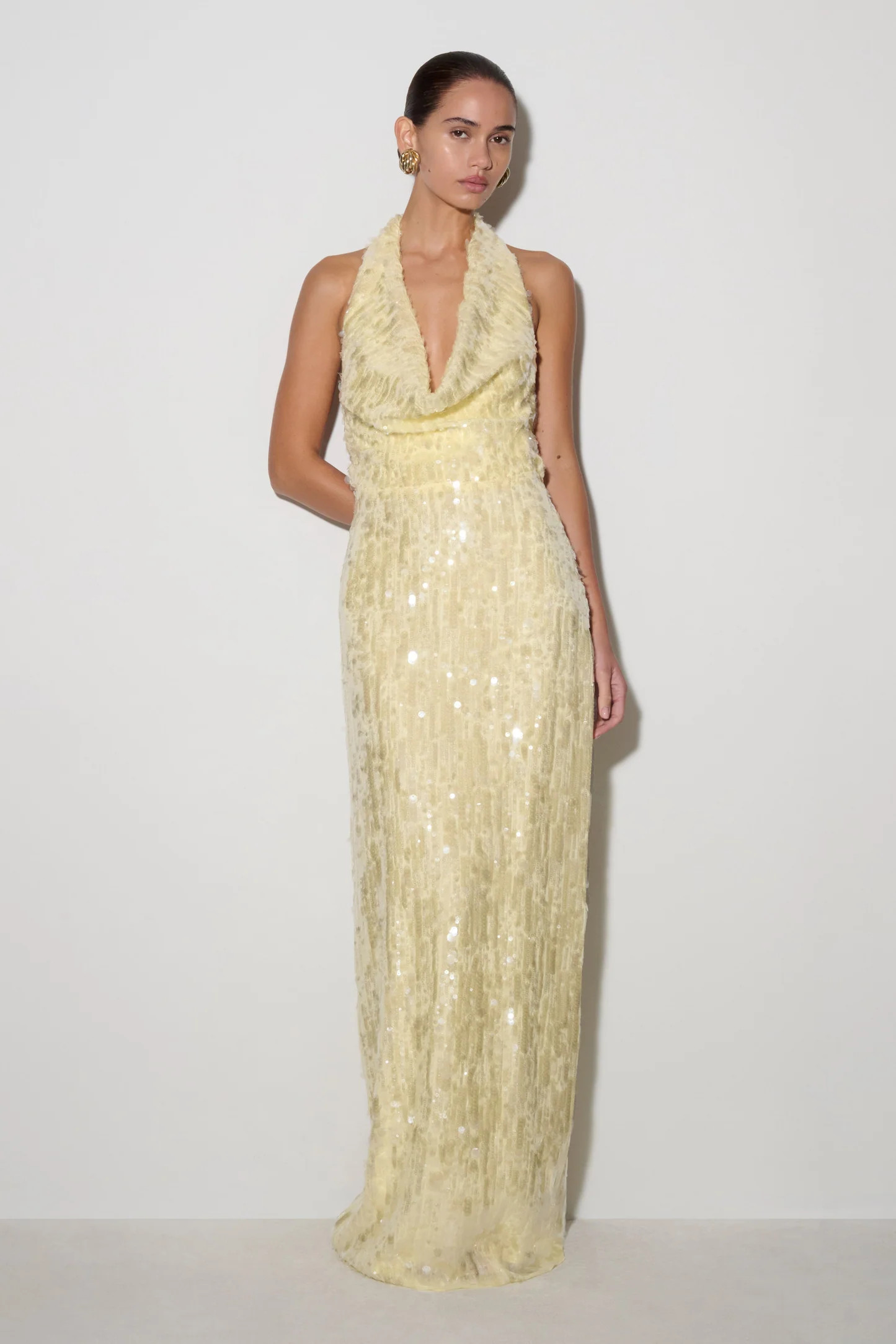 Gertrud Sequin Halter Maxi Dress - Lemon | MESHKI US