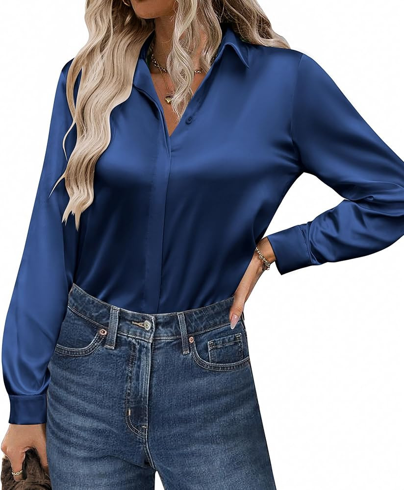 Zeagoo Satin Blouses for Women Casual Long Sleeve Button Down Silk Shirts Dressy Business Work Tu... | Amazon (US)