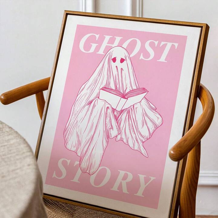 1pc Pink Ghost Halloween Art Print| Pink Halloween Art Posters  | Reading Ghost Art Print | Macab... | SHEIN
