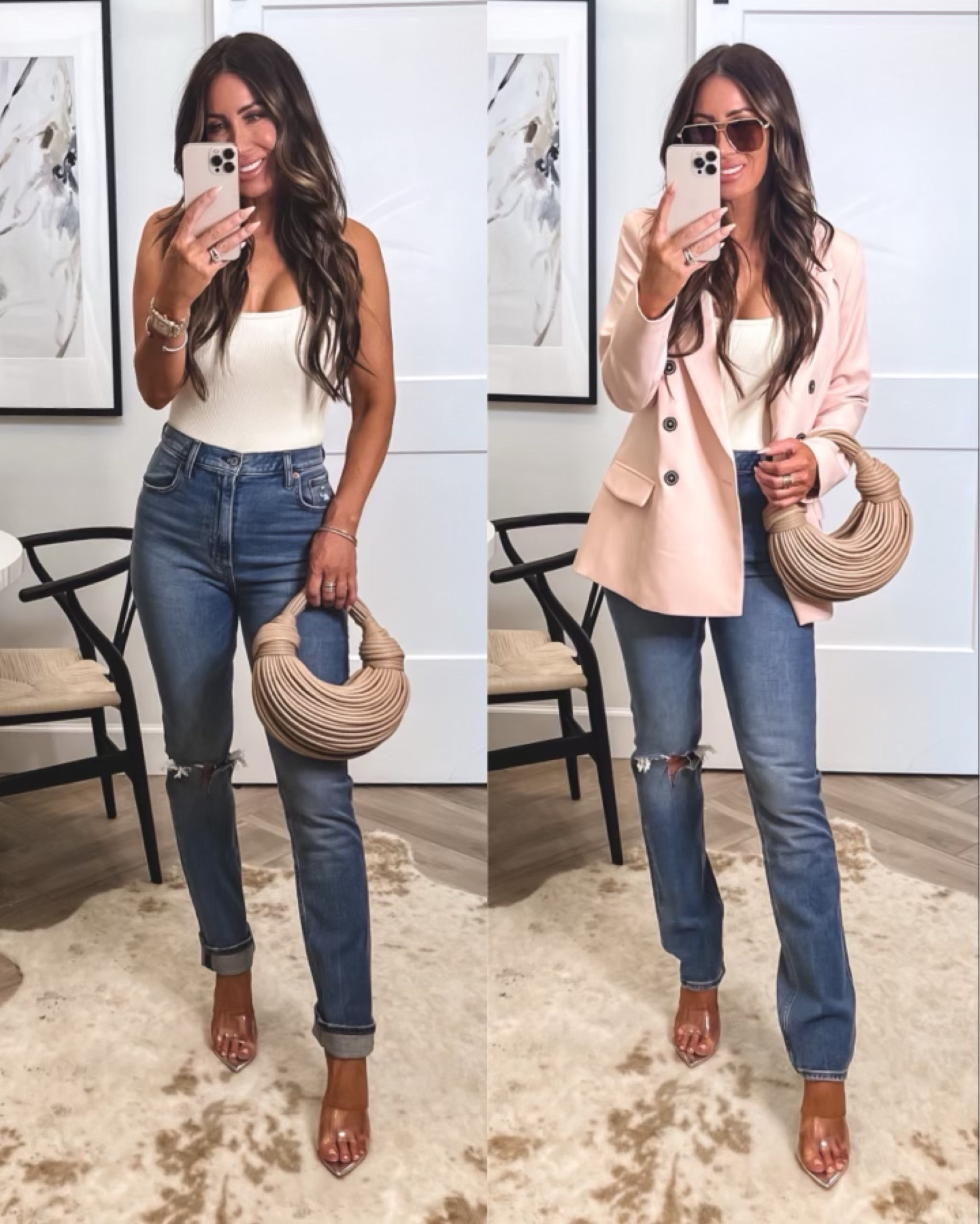 Jeans and blazer outfit…what I wore 
Bodysuit snatches waist and an awesome steal sz small
Pink blazer Sz medium 
Distressed high rise straight jeans sz 27
Clear wedges tts
Amazon 
Save 25% off living proof with code KIM25


#LTKstyletip #LTKU #LTKFind