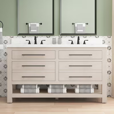 allen + roth Kennilton 60-in Natural Undermount Double Sink Bathroom Vanity with White Carrara En... | Lowe's