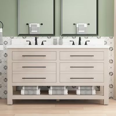 allen + roth Kennilton 60-in Natural Undermount Double Sink Bathroom Vanity with White Carrara En... | Lowe's