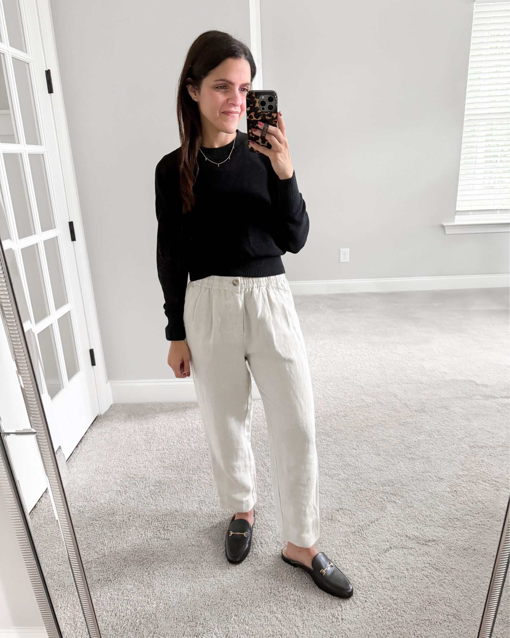 What I wore + inspo: 
Black sweater
Linen pants
Loafer mules: tts

#transitionalstyle

#LTKStyleTip