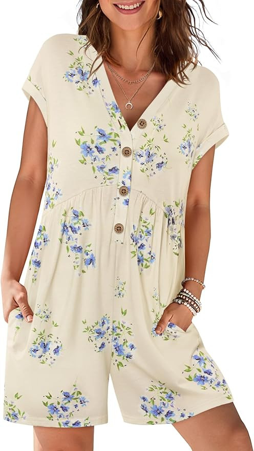 MEROKEETY Rompers for Women Summer 2026 Casual Cap Sleeve V neck Button Short Jumpsuit Overalls B... | Amazon (US)