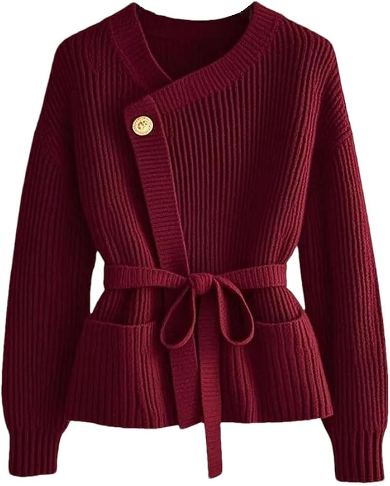 Women Wine-Red Cardigan Sweater Autumn-Winter Belted Slim Fit Knitted Coat Office Ladies Fashion ... | Amazon (US)