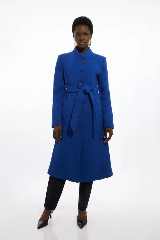 Italian Manteco Wool Blend Asymmetric Button Belted Tailored Midi Coat | Karen Millen UK + IE + DE + NL