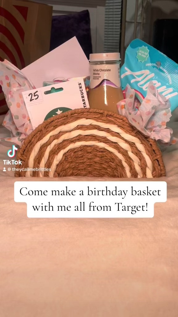 Some birthday basket inspo😍! Everything from Target! I hate just giving a card or a bottle of wine/liquor. I love to do these little baskets to spice it up! It’s so fun to shop for too!  #target #giftideas #birthdaybasket #gifts #womensgifts 
