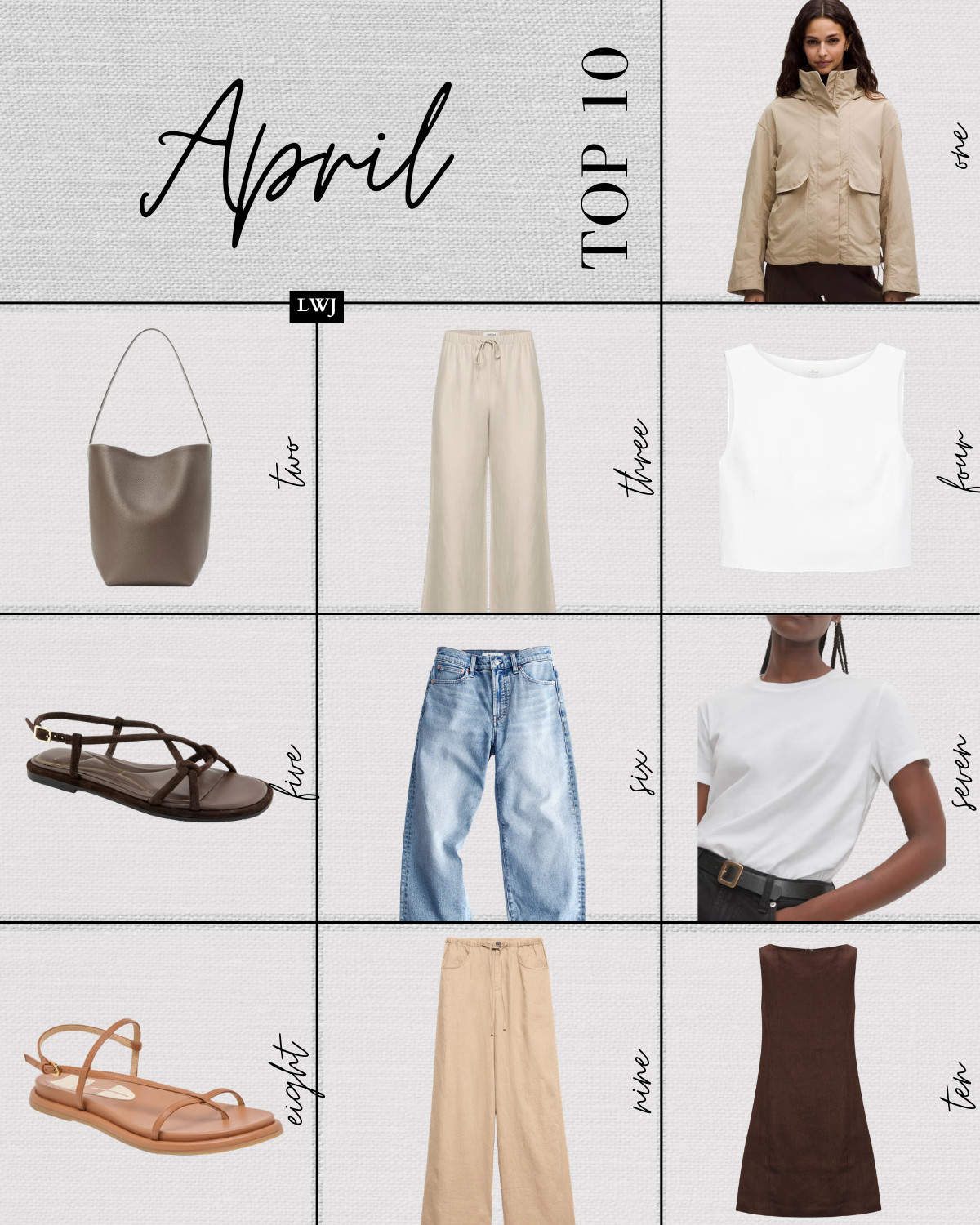 april top 10 bestsellers: 

1. lululemon jacket -- water + wind-resistant 
2. amazon tote -- almost identical to the row bag, comes with a matching wallet 
3. aritzia lodge linen pants 
4. aritzia cruise linen boxy top 
5. kenneth kole paria flat slingback sandal -- has some cushioning + well strapped! 
6. madewell the pv wide leg crop jeans -- comes in 3 washes + different lengths 
7. everlane tee -- a staple in my closet
8. dolce vita strappy sandals -- has thick cushioning 
9. br linen pants 
10. dissh shift dress -- flattering + easy to pull-on  

 #LTKSeasonal