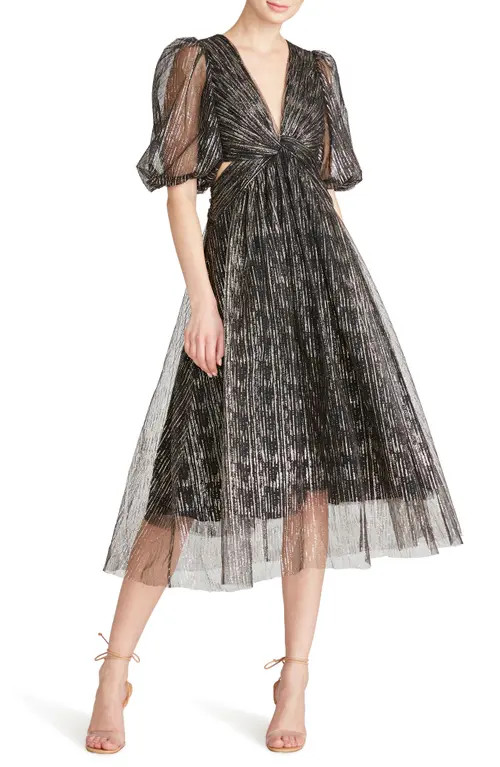 ML Monique Lhuillier Cutout Tulle Puff Sleeve Midi Dress in Black at Nordstrom, Size 14 | Nordstrom