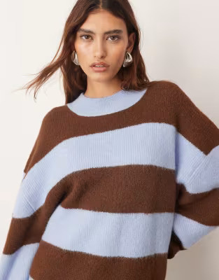 ARRANGE oversized crew neck knit striped sweater in blue and chocolate | ASOS (Global)