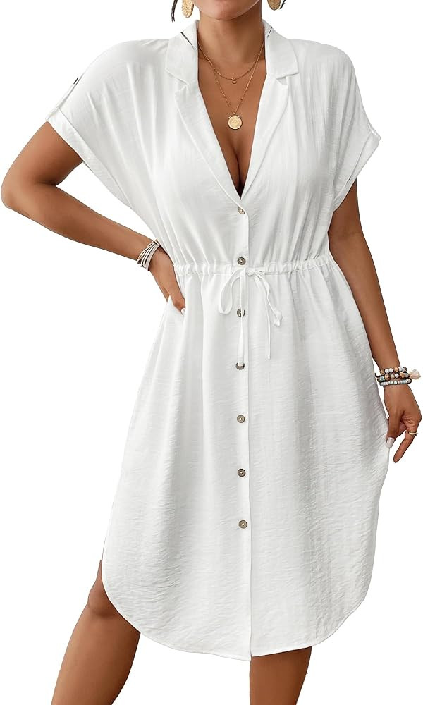 Bsubseach Women 2025 Swimsuit Coverup Button Bathing Suit Cover Ups Short Sleeve Shirt Cover Up D... | Amazon (US)