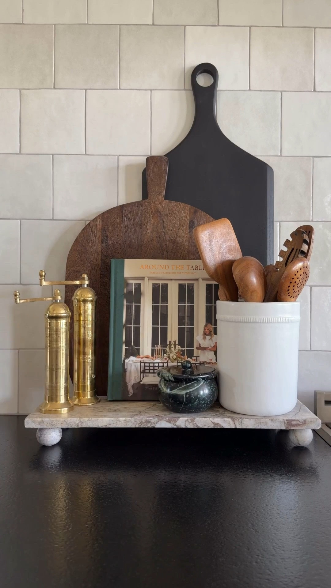Functional and beautiful kitchen backsplash styling! So many classic, timeless favorites here and most of which we pull for regularly while cooking. I love a functional styling that works year round, doubles as decor, and hides our backsplash outlets, too!

#LTKHome