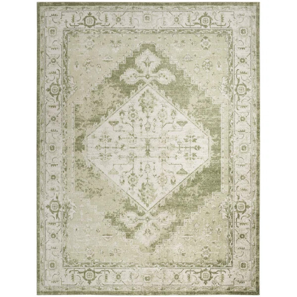 Haydel Oriental Machine Washable Power Loom Polyester Area Rug in Ivory/Green | Wayfair North America