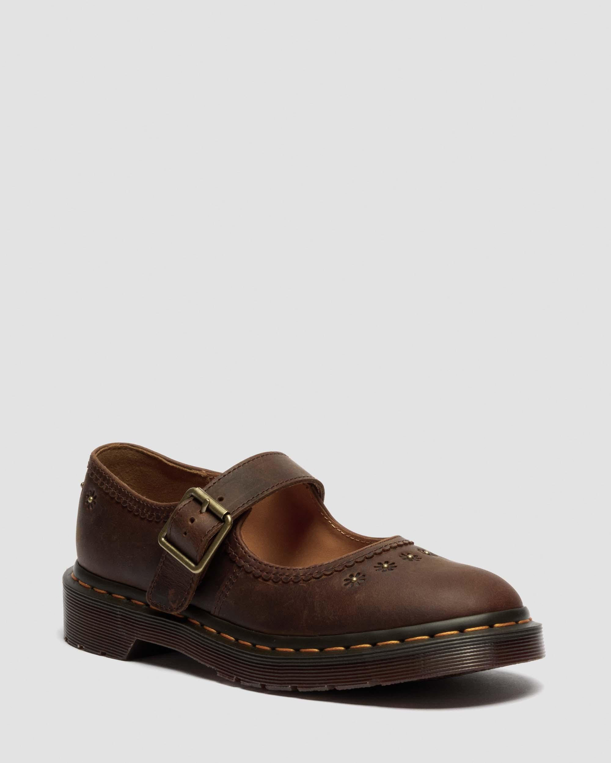 Mary Jane Flower Crazy Horse Leather Shoes in Dark Brown | Dr. Martens | Dr. Martens
