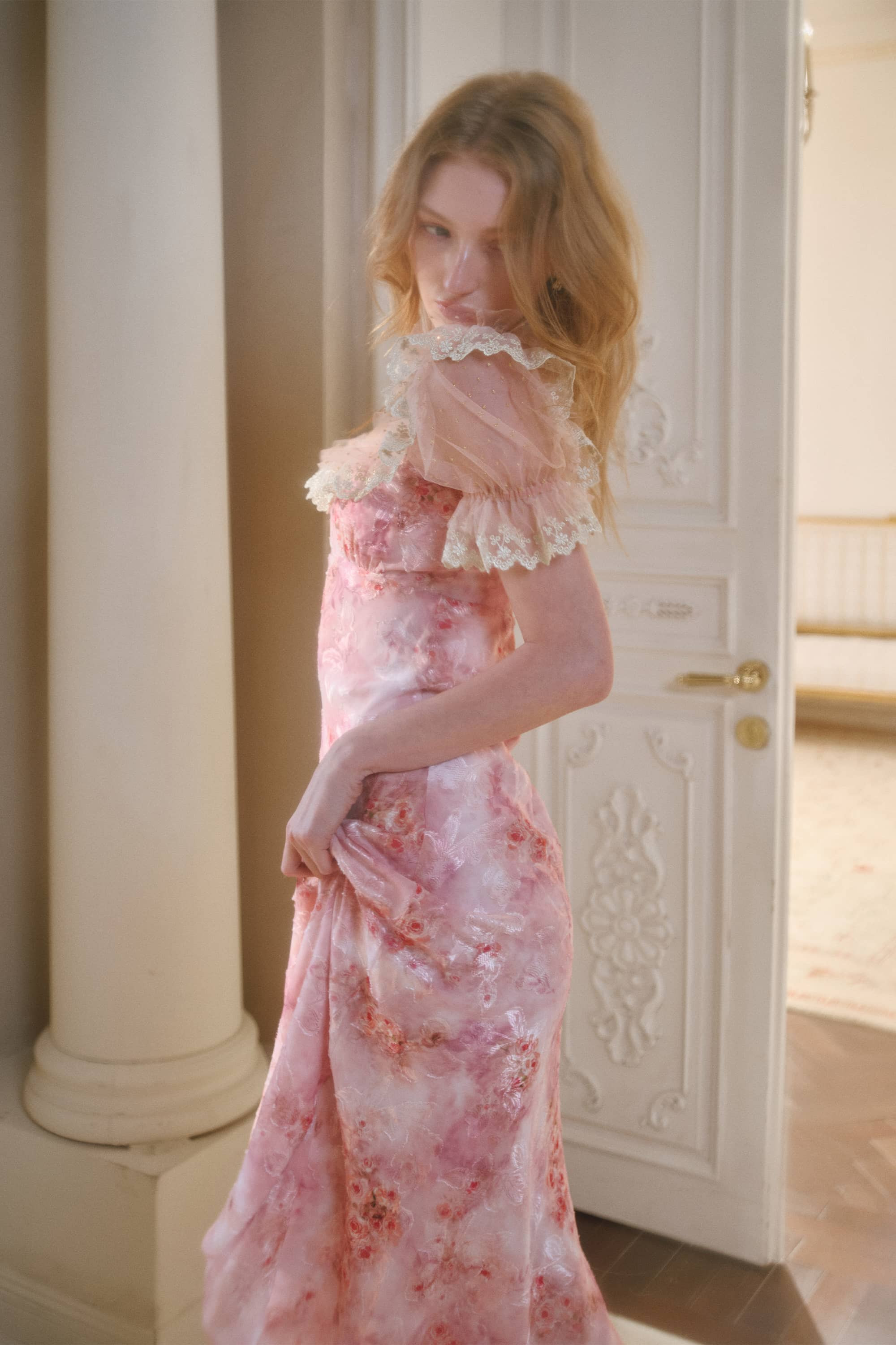 Kellie Applique Chiffon Maxi Dress in Blush Pink | American Heiress