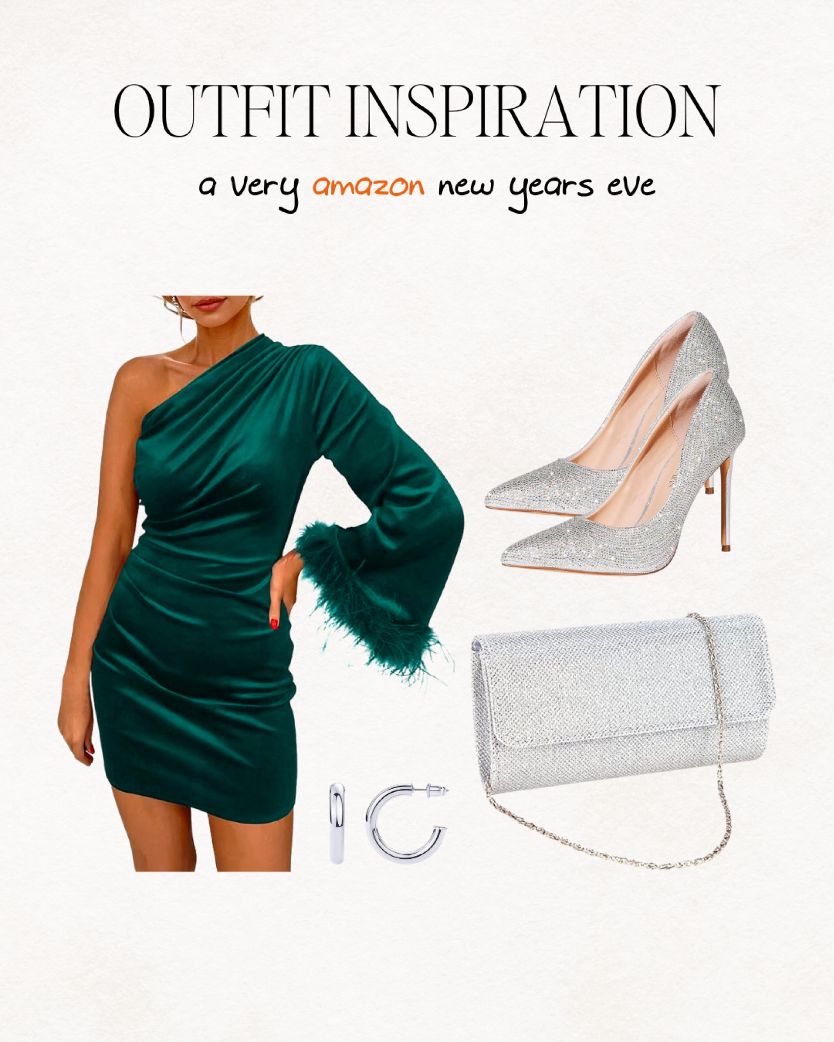 new years eve outfit, new year, feather dress, green dress, satin dress, mid length dress, silver heels, silver heels, silver hoops, silver bag

#LTKparties #LTKHoliday #LTKSeasonal