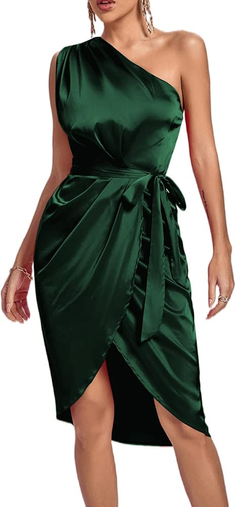 LYANER Women's Satin One Shoulder Shoulder Ruched Sleeveless Split Wrap Hem Self Belted Midi Dres... | Amazon (US)