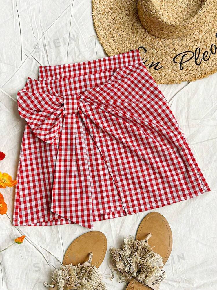 SHEIN Dreamara Vacation Women'S High Waisted  Red & White Squares Mini Skirt With Bowknot Decorat... | SHEIN