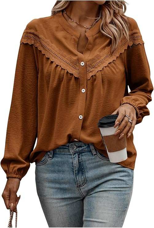 Floerns Women's Lace Eyelet Button Down Peasant Blouses Dressy Casual V Neck Long Sleeve Fall Top... | Amazon (US)
