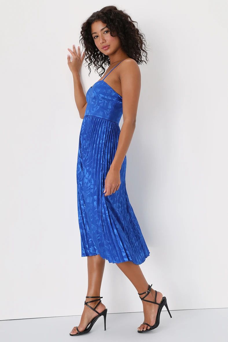 Chic Sensibility Cobalt Blue Satin Jacquard Pleated Midi Dress | Lulus