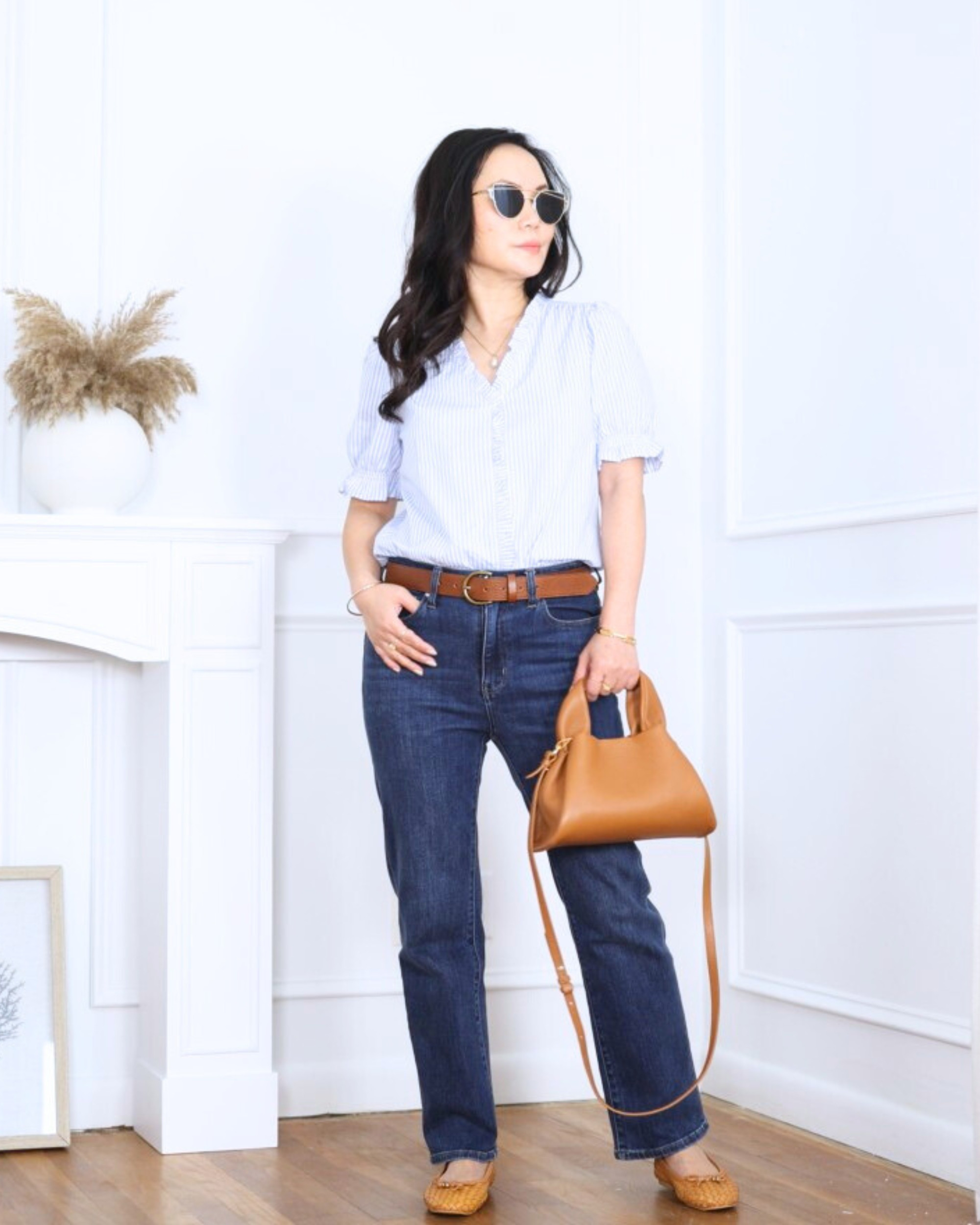 Short-sleeve ruffle top from J.Crew Factory styled with Quince jeans and bag, finished with Steve Madden woven bow ballet flats — soft, feminine, and effortlessly put together for everyday wear. I’m 5’2, wearing size XS.

#LTKOver40 #LTKootd #LTKPetite