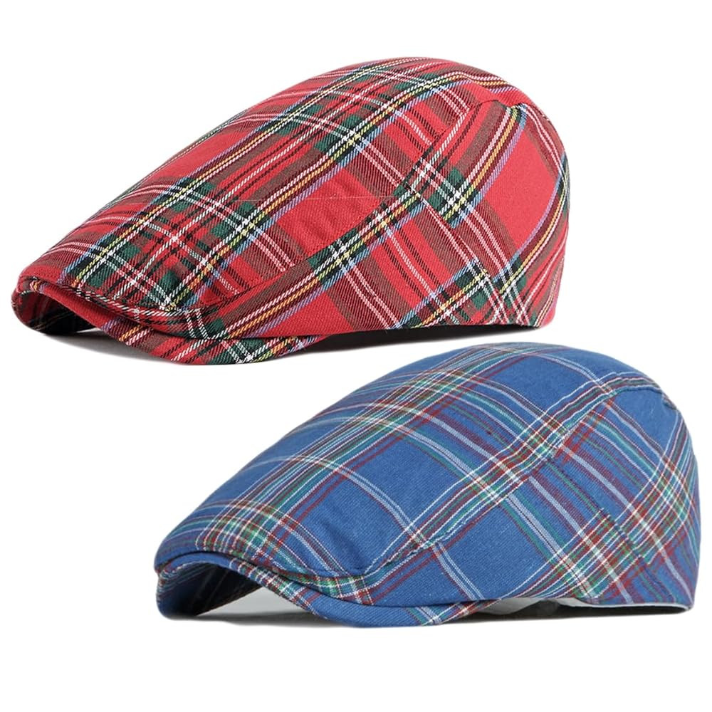 2 Pack Men's Newsboy Flat Cap Adjustable Plaid Ivy Gatsby Cabbie Driving Golf Hat Beret | Amazon (US)