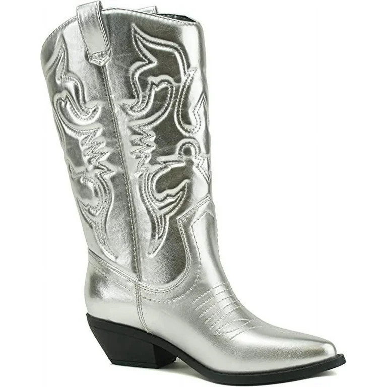 Soda Women Cowgirl Cowboy Western Stitched Boots Pointy Toe Knee High Reno-S Metallic Silver 7.5 | Walmart (US)