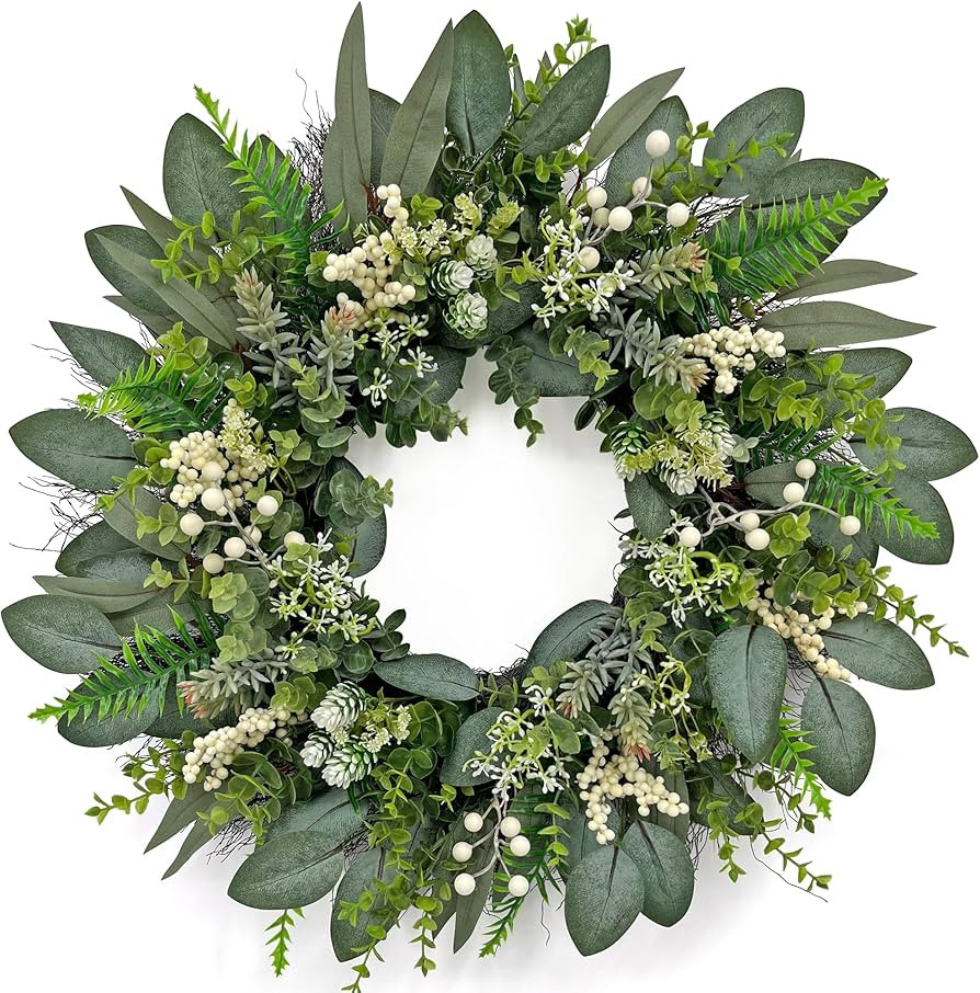 24 Inch Greenery Wreaths for Front Door – Artificial Eucalyptus Wreath with White Berries and M... | Amazon (US)
