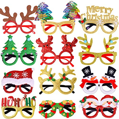Max Fun 12Pcs Christmas Glasses Glitter Holiday Party Glasses Frames Christmas Decoration Accessories Costume Eyeglasses for Christmas Parties Holiday Favors (One Size Fits All) | Amazon (US)