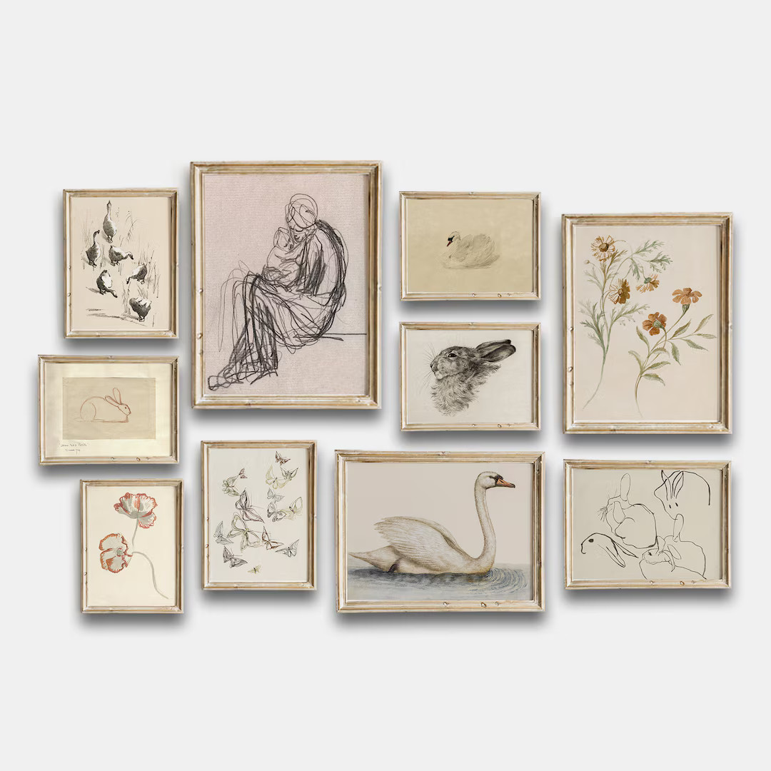 Girls Room Nursery Vintage, Gallery Wall Art Set of 10, Swan Prints, Animal Neutral Tones, Muted ... | Etsy (US)