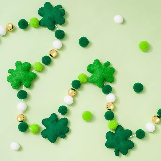 Whaline 8.2Ft St. Patrick's Day Felt Ball Garland 3D Lucky Shamrock with Gold Bead Hanging Buntin... | Amazon (US)