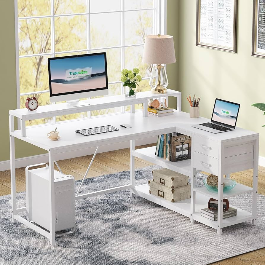 Amazon.com: Tribesigns Reversible L Shaped Desk with Drawer, Industrial Corner Desk Home Office T... | Amazon (US)