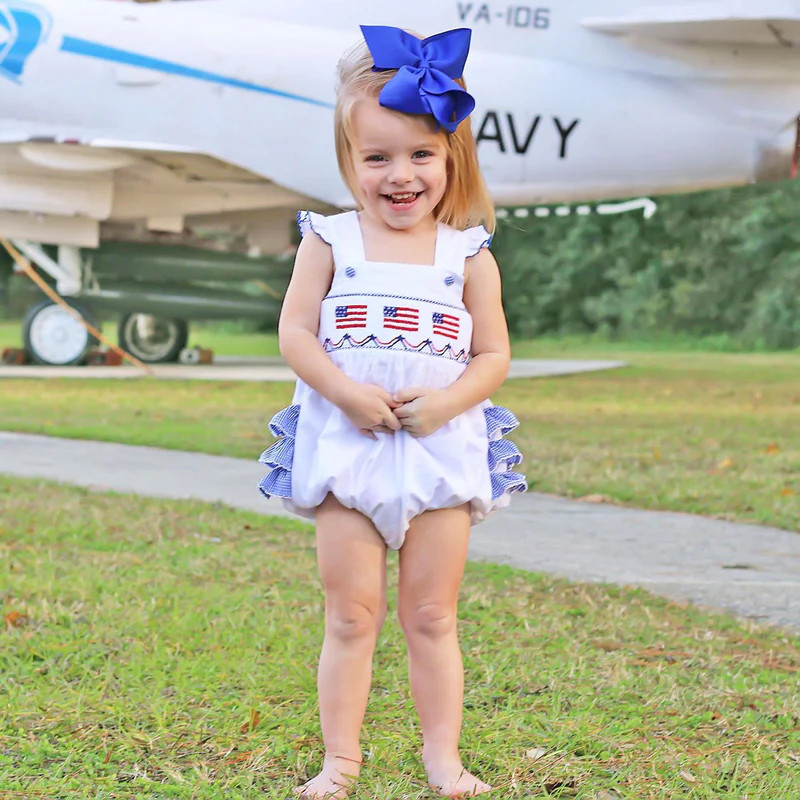 Flag Smocked White Pique Leah Ruffle Bubble | Classic Whimsy