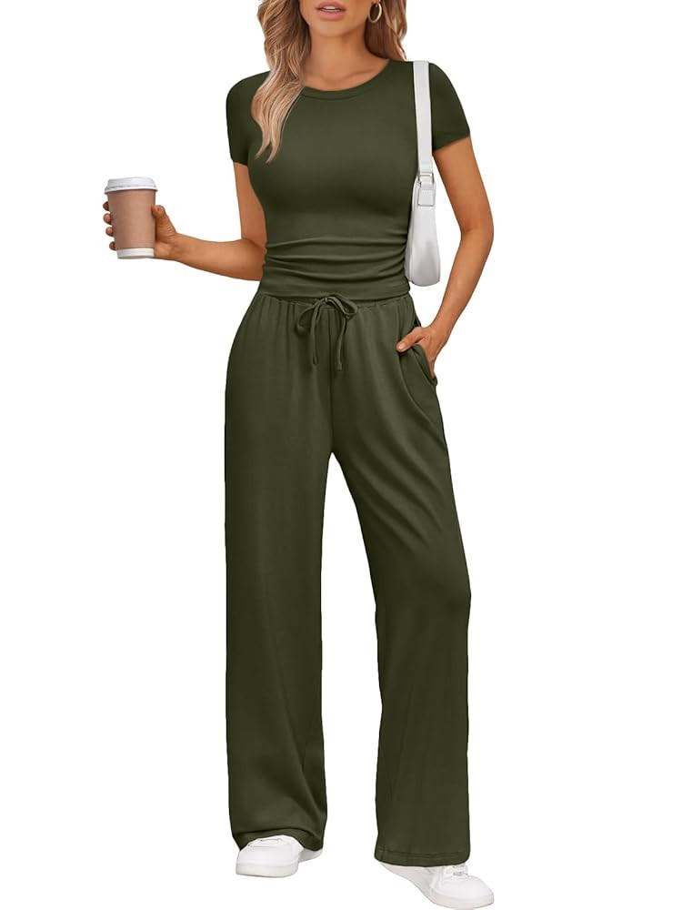 Trendy Queen 2 Piece Matching Summer Sweatsuit Lounge Set Womens Wide Leg Pants Side Ruching Crop... | Amazon (US)