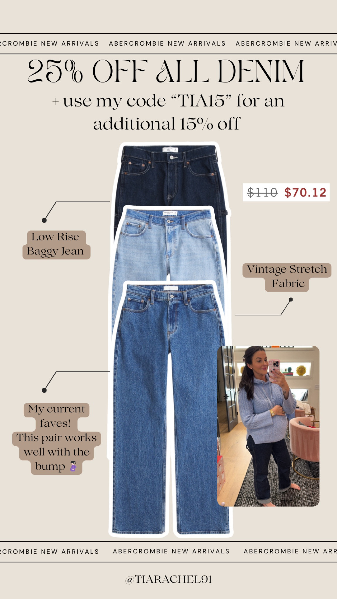 My current fave pair of Abercrombie jeans is the Low Rise Baggy! They are comfy and fit well on the bmp. Use code “TIA15” to get them now for only $70!

#LTKCyberWeek #LTKSaleAlert #LTKHoliday