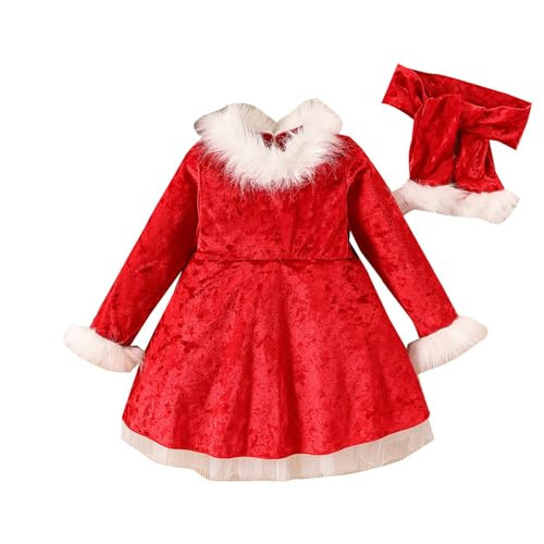 Toddler Baby Girls Christmas Dress Red Velvet Dress Long Sleeve Santa Claus Dress Fleece Plush Xmas Princess Party Dresses (Red Fur Velvet A-Line, 3-4 Years) | Amazon (US)